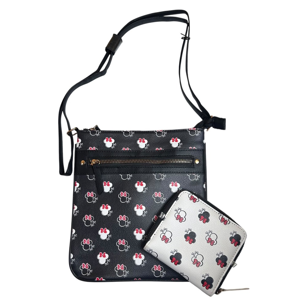 Disney Minnie Mouse Bag &‎ Wallet Set Black Red Polka Dot Purse Crossbody NWOT
